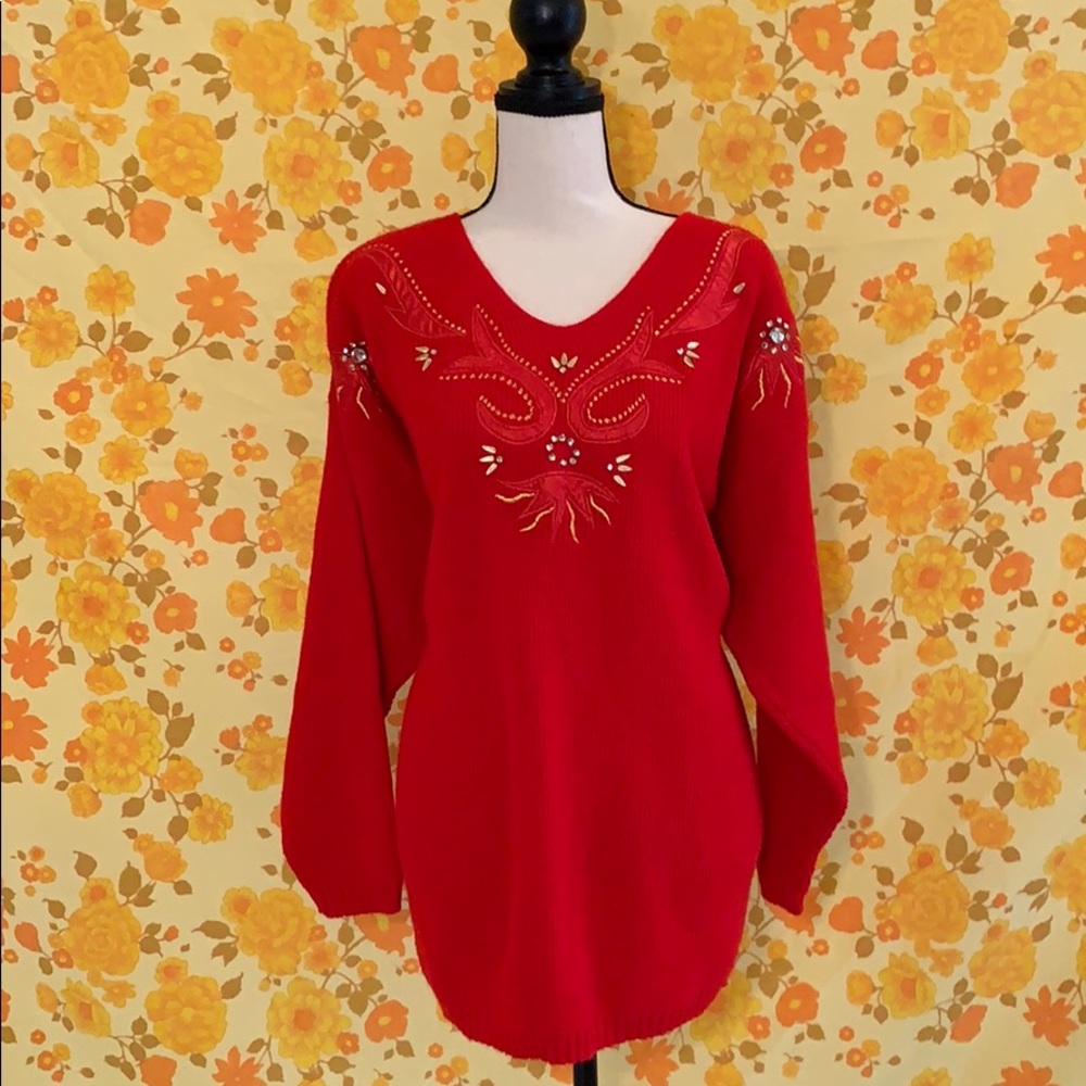 True Vintage Red Jeweled Embroidered Sweater